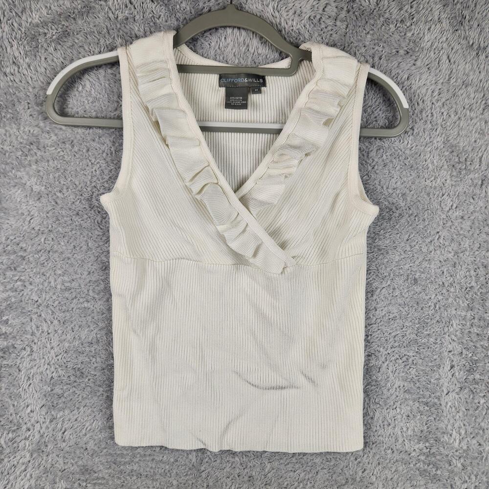 Clifford & Wills Tank Top Womens Medium White Ruffle V Neck Ribbed Knit Stretch